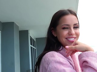 Pretty lassie with beautiful smile has sex with her husband films in shower