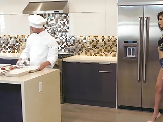 Pleasant girl leaves stepdad to have sex respecting chef in the kitchen